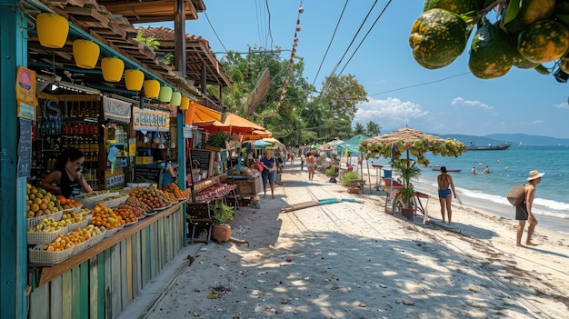 Vibrant Beachside Market Scene with Colorful Stalls and Happy People on Sunny Day Photography