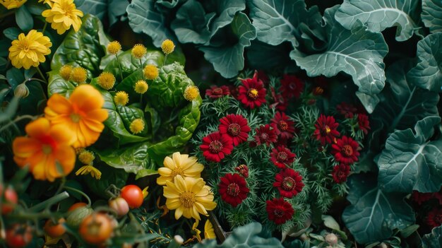 Photo vibrant bed of vegetables and flowers under natural light in a lush garden