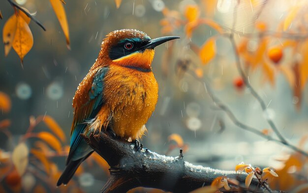 A Vibrant BeeEater Perched on a Branch in Autumn Rain