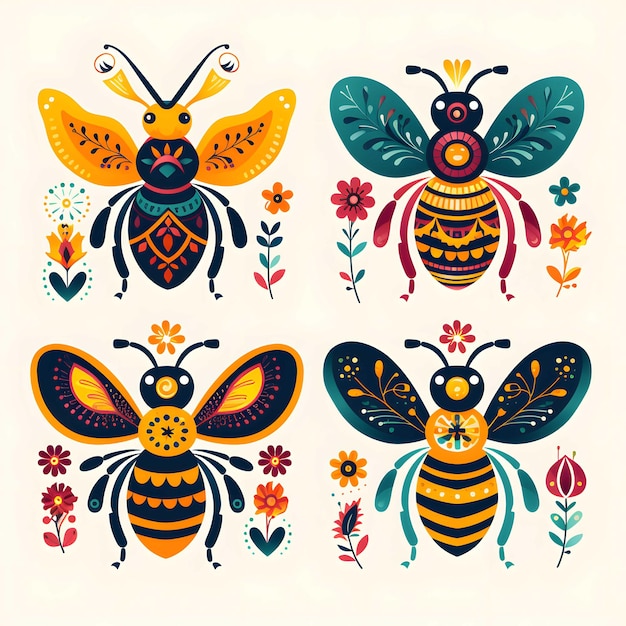 Vibrant Bees with Cultural Designs DyeTransfer Illustrations