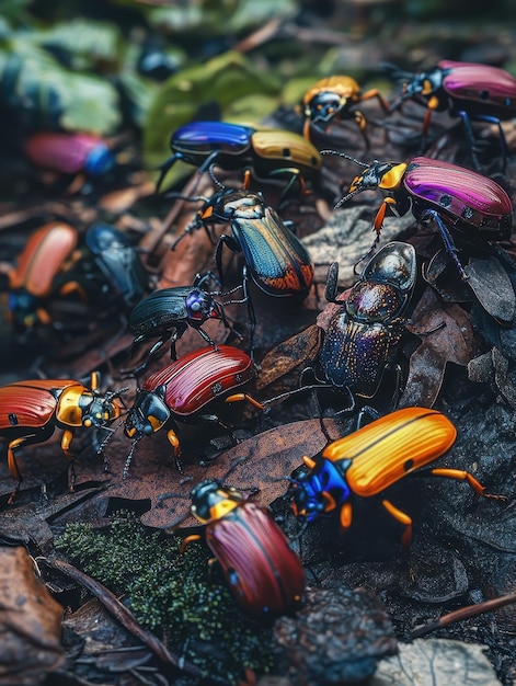 Photo vibrant beetles scurrying across forest floor debris