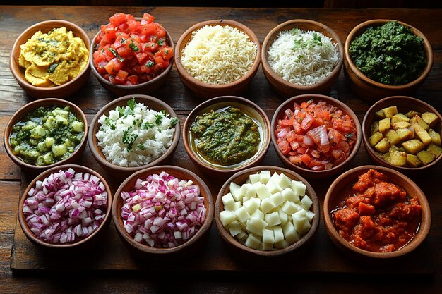 Photo a vibrant bengali table spread featuring panta bhat and assorted delicacies