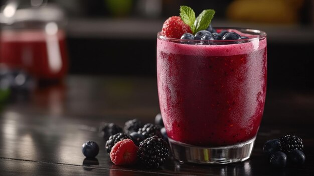 A vibrant berry smoothie garnished with mint showcasing fresh fruits in a glass