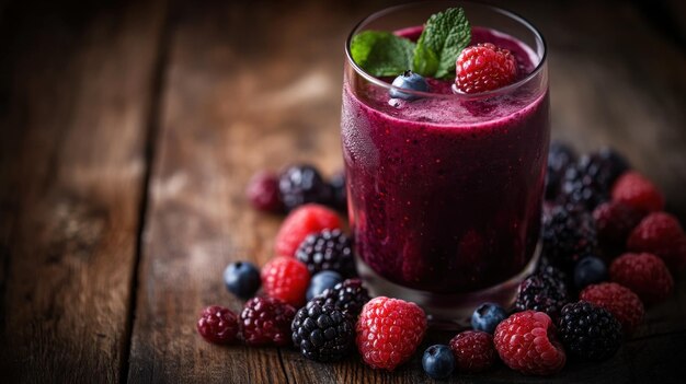 A vibrant berry smoothie in a glass garnished with mint surrounded by fresh berries