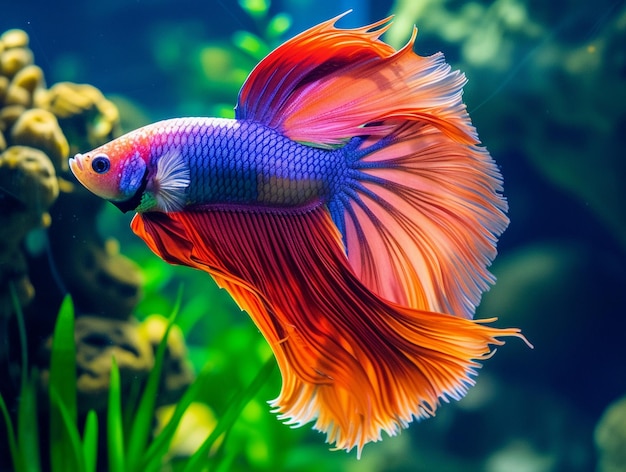 Vibrant Betta Fish Displaying Fins in Aquarium