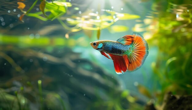 A Vibrant Betta Fish Swimming Through an Aquatic Garden