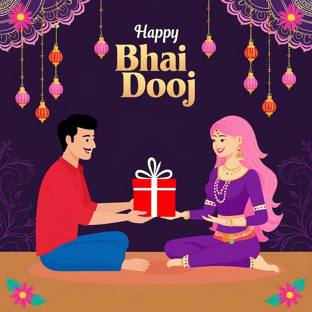 Vibrant Bhai Dooj Celebration Festive Illustration with Gold Pink and Floral Accents