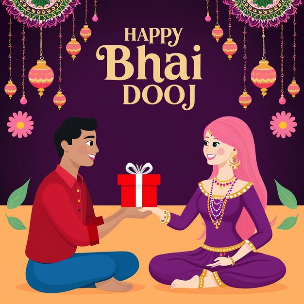 Vibrant Bhai Dooj Celebration Festive Illustration with Gold Pink and Floral Accents