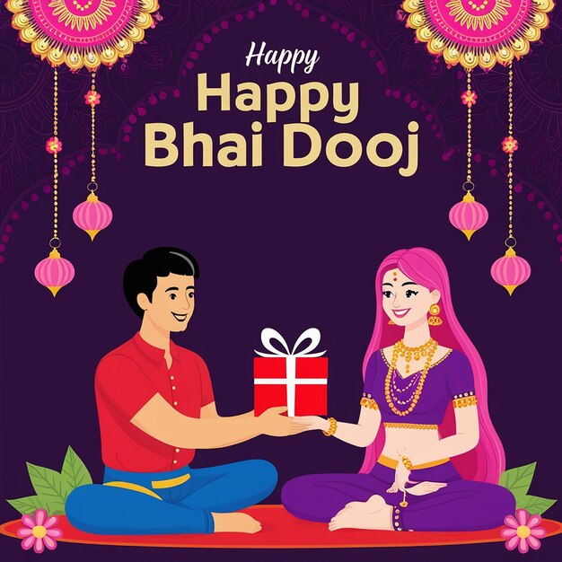 Vibrant Bhai Dooj Celebration Festive Illustration with Gold Pink and Floral Accents