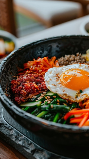 Vibrant bibimbap bowl with fresh vegetables and fried egg