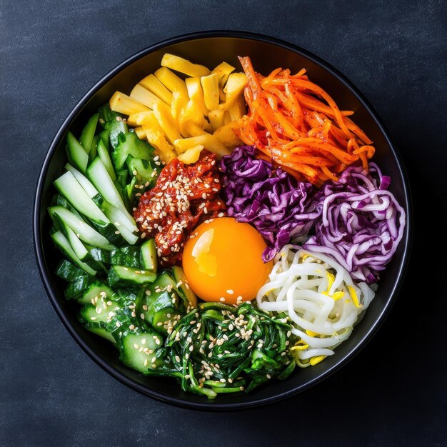 A vibrant bibimbap featuring colorful vegetables arranged in a circular pattern