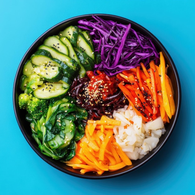 A vibrant bibimbap featuring colorful vegetables arranged in a circular pattern