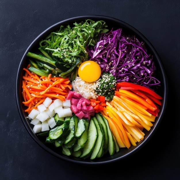 A vibrant bibimbap featuring colorful vegetables arranged in a circular pattern