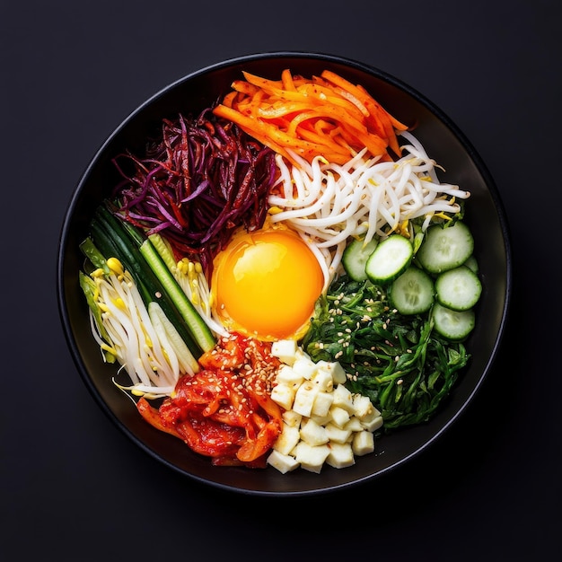 A vibrant bibimbap featuring colorful vegetables arranged in a circular pattern