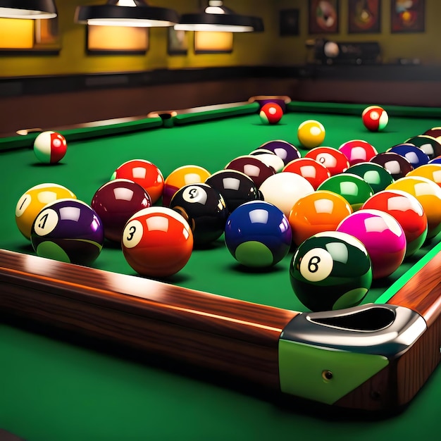 Vibrant Billiard Balls Perfectly Racked on Classic Green Felt Table Ready for Play