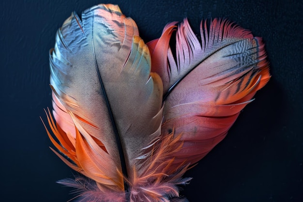 Vibrant bird feathers on dark backdrop