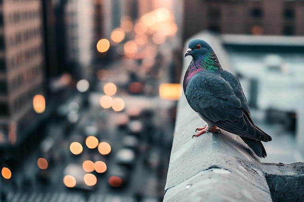 Photo a vibrant bird sits on an urban ledge observing the bustling crowd with a curious glint in its eye