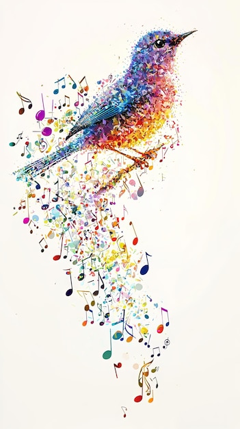 Photo vibrant bird with music notes forming an abstract art