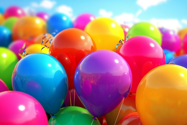 Photo a vibrant birthday celebration with colorful balloons under a bright blue sky during daylight hours