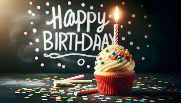 A vibrant birthday cupcake with a single candle and Happy Birthday on a chalkboard