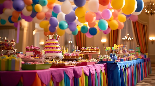 Photo vibrant birthday party setup with colorful decorations