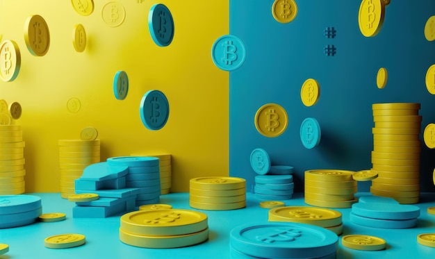 vibrant bitcoin coins floating on yellow and blue background