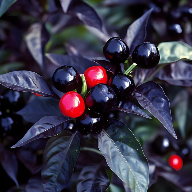 Photo vibrant black and red chili peppers on a plant