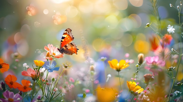 Vibrant Blooming Wildflower Meadow with Butterfly in Flight