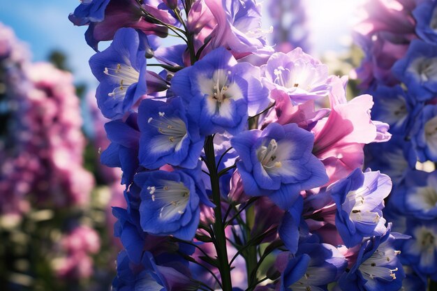 Photo vibrant blossoms of blue and pink delphiniums dancing under the golden sunlight in a tranquil garden setting during springtime