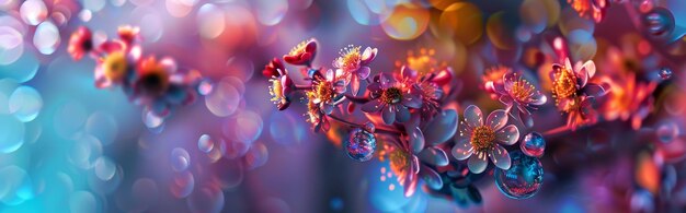 Photo vibrant blossoms with dew drops on colorful background create a stunning image capturing natures