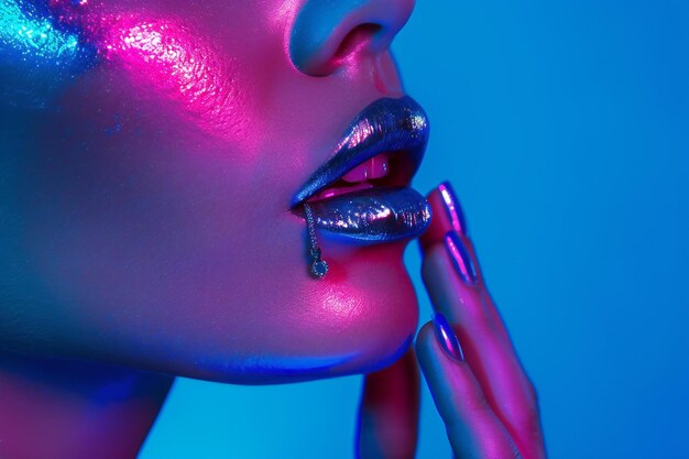 Vibrant blue background with pink and purple neon lighting showcasing metallic lipstick on lips of