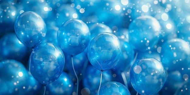 Vibrant blue balloons floating in a dreamy bokeh background creating a festive and whimsical atmosphere celebration concept