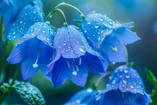 Vibrant Blue Bellflowers with Dew Drops on Petals Against Soft Bokeh Background Nature Closeup