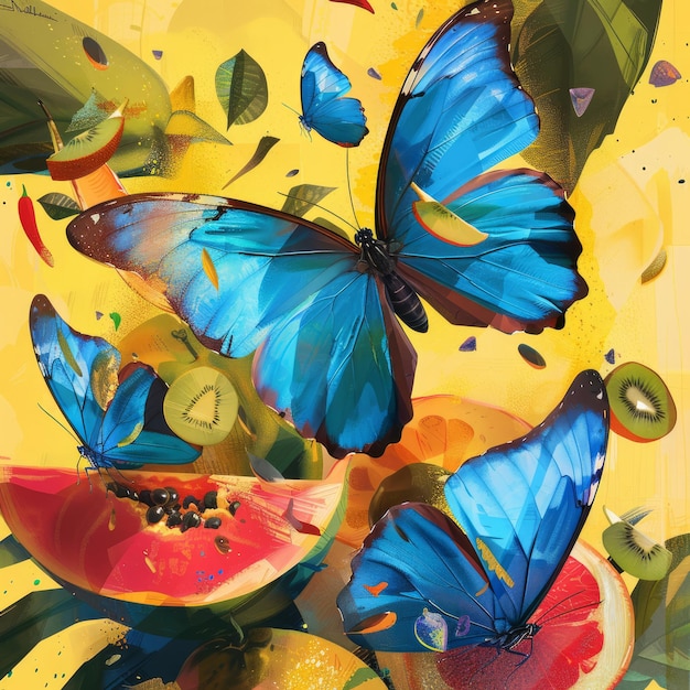 Photo vibrant blue butterflies on a yellow background surrounded by kiwi and papaya slices