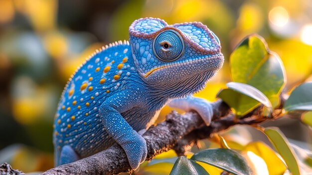 Vibrant Blue Chameleon on Branch in Nature