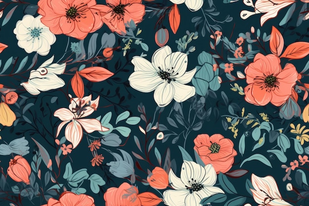 Vibrant blue floral background with leaves Generative AI