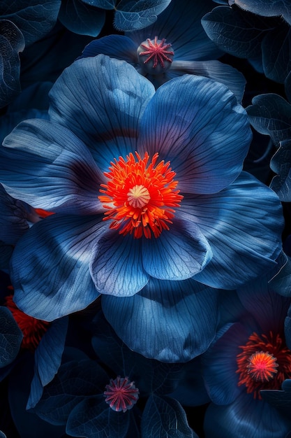 Vibrant Blue Flower with Bright Orange Center Amidst Dark Foliage Nature39s Contrast in Macro