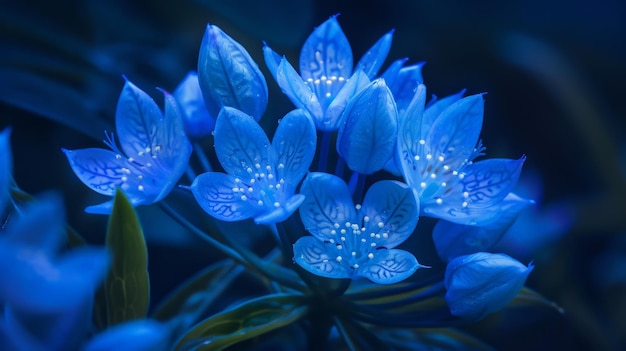 Vibrant blue flowers in the night