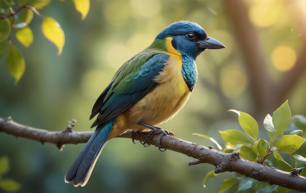 A vibrant blue and green bird perches on a branch surrounded by lush greenery