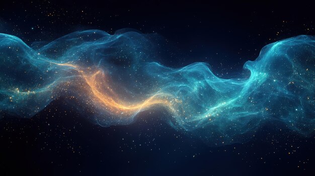 Vibrant blue and green sound waves flow elegantly through a dark cosmic background