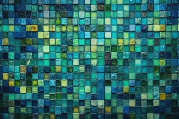 Vibrant blue and green tiled wall in close up