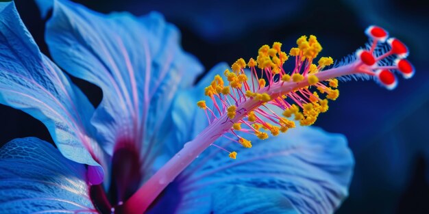 Vibrant Blue Hibiscus Flower Under Neon Light with Detailed Yellow Stamen Close Up Macro