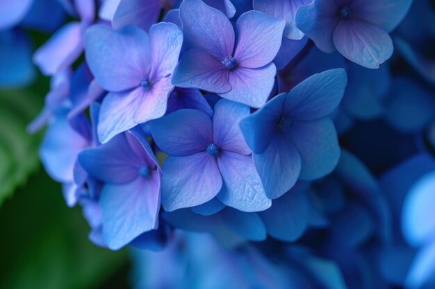 Vibrant blue hydrangea blossoms closeup