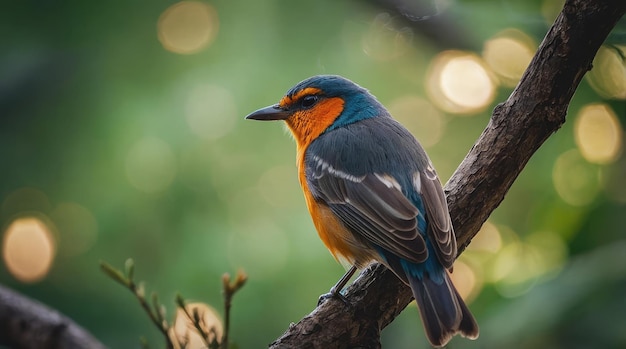 A vibrant blue and orange bird perched on a branch