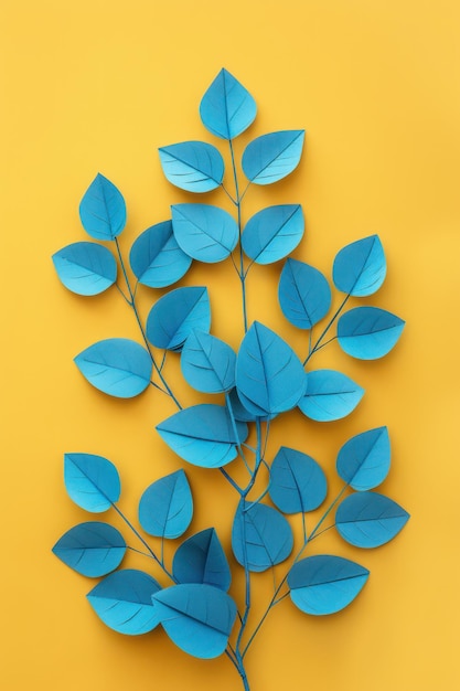 Photo vibrant blue paper leaves on bright yellow background creating a colorful contrast and textured