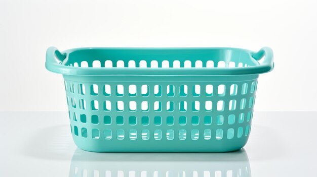 A vibrant blue plastic basket rests gracefully atop a wooden table