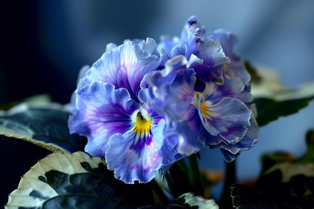 Vibrant Blue and Purple Pansy Flowers in Focus with Dark Foliage Background