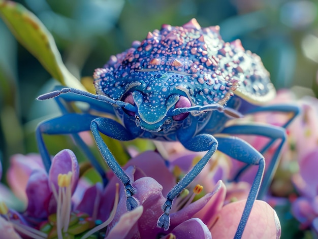 Vibrant Blue and Purple Spotted Flower Beetle on Pink Blooms Macro Photography of Unique Insect