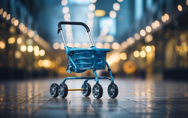 A vibrant blue shopping cart sits elegantly on a checkered tiled floor