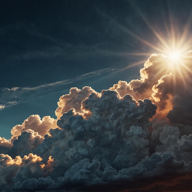 Vibrant Blue Sky with Big White Clouds and Bright Sun